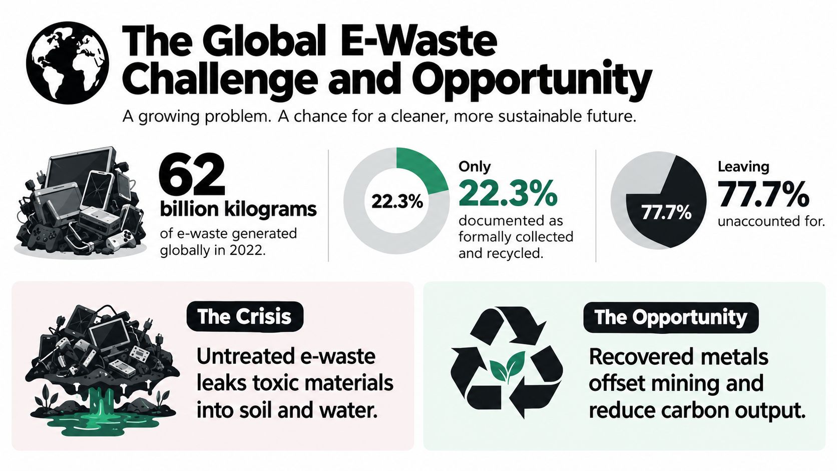 An infographic titled The Global E-Waste Challenge and Opportunity showing 62 billion kilograms of waste generated.