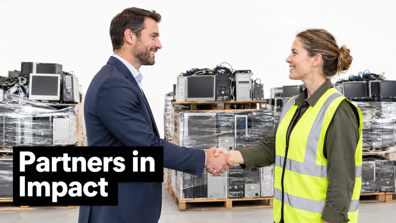 A professional man and a woman in a safety vest shaking hands in a warehouse of electronics.