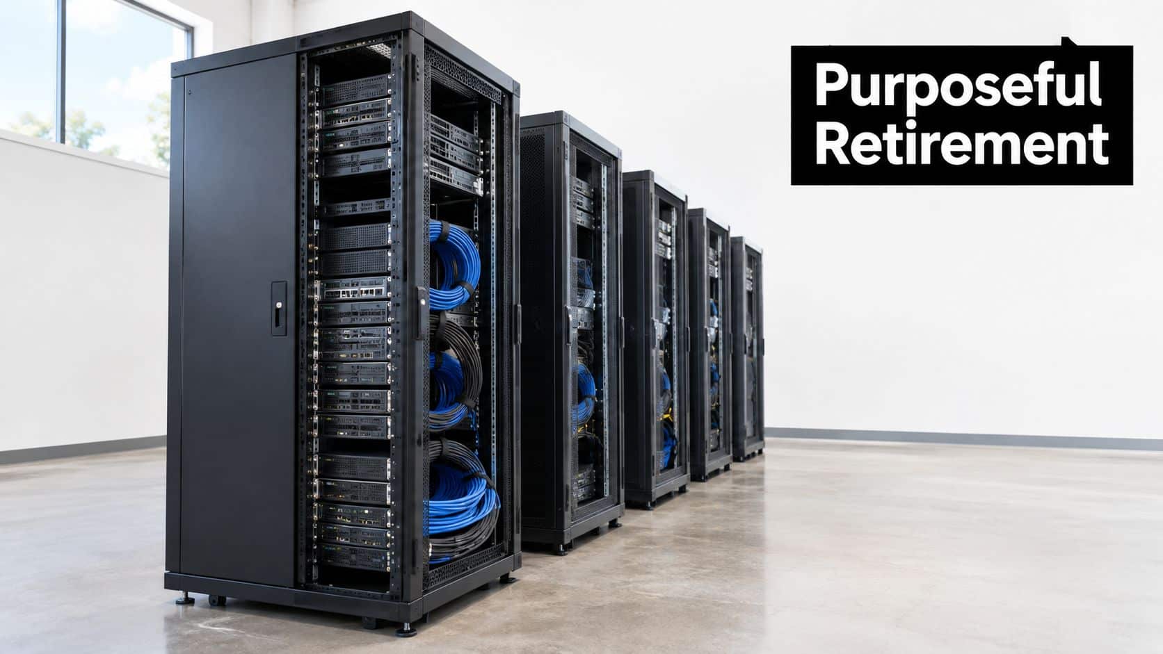 A row of black server racks containing networking equipment and organized cabling in a clean data center.