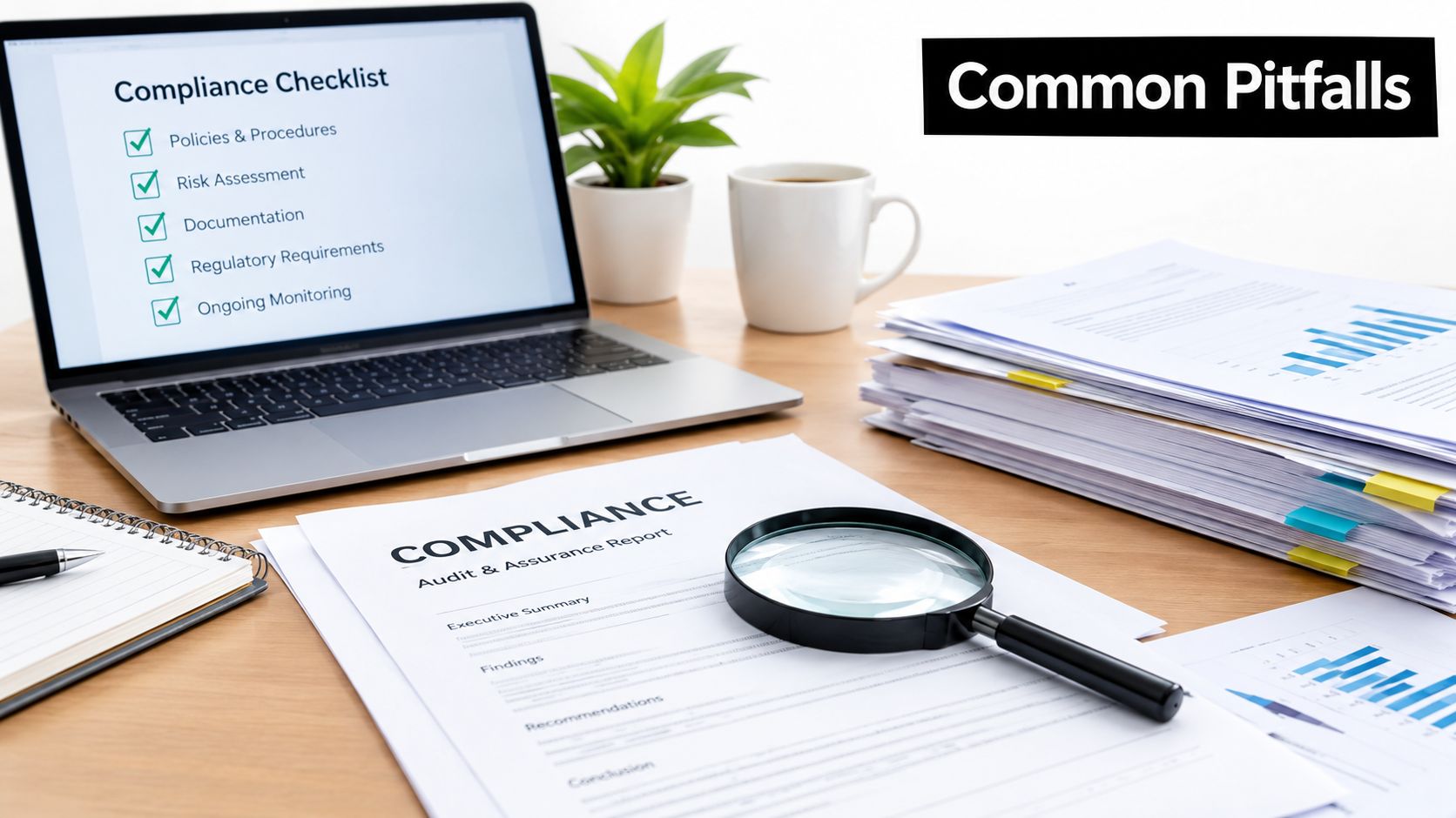A laptop showing a compliance checklist, an audit report, a magnifying glass, and financial documents on a desk.
