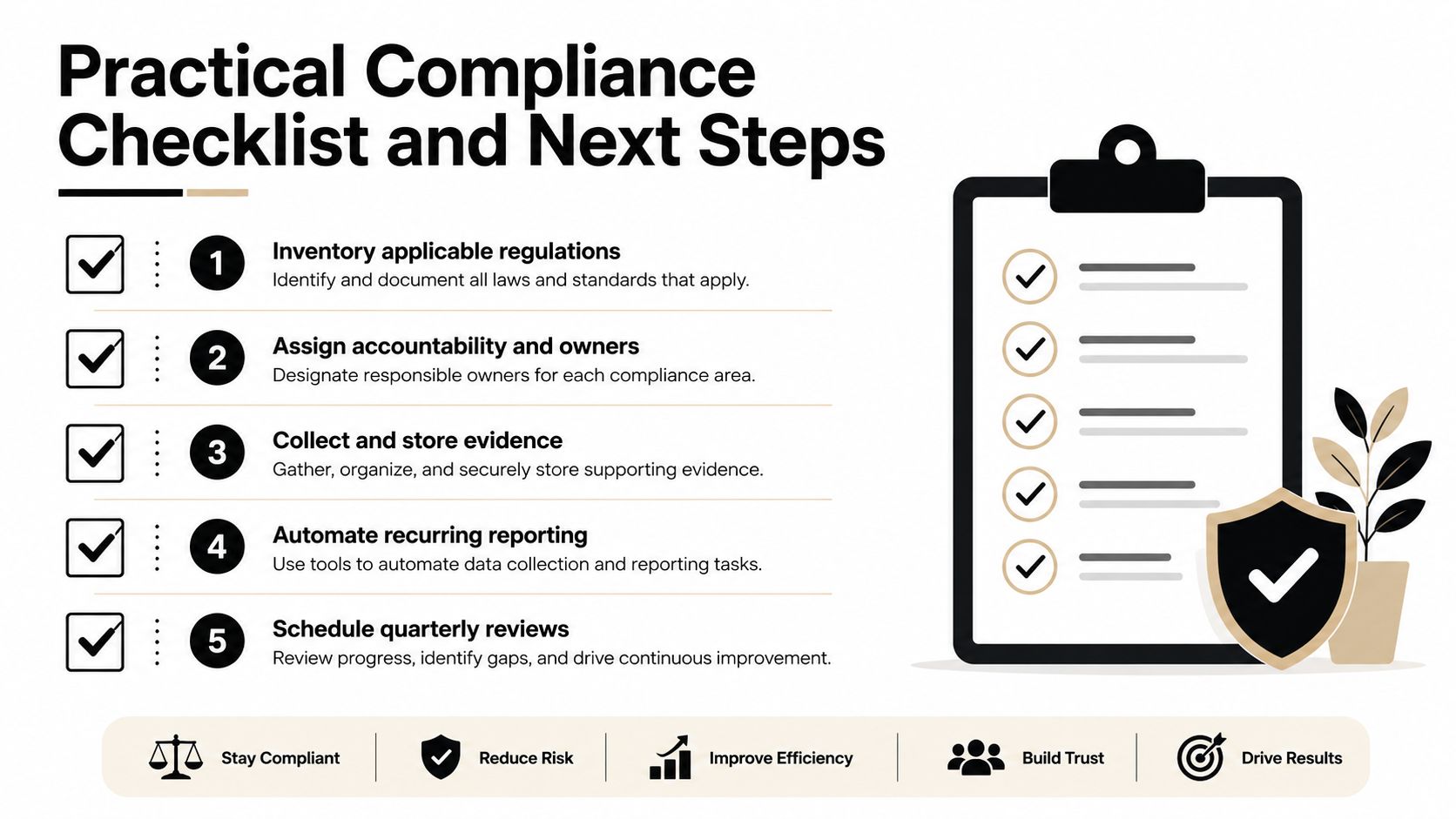 A checklist showing five practical steps for managing regulatory compliance and business risk effectively.