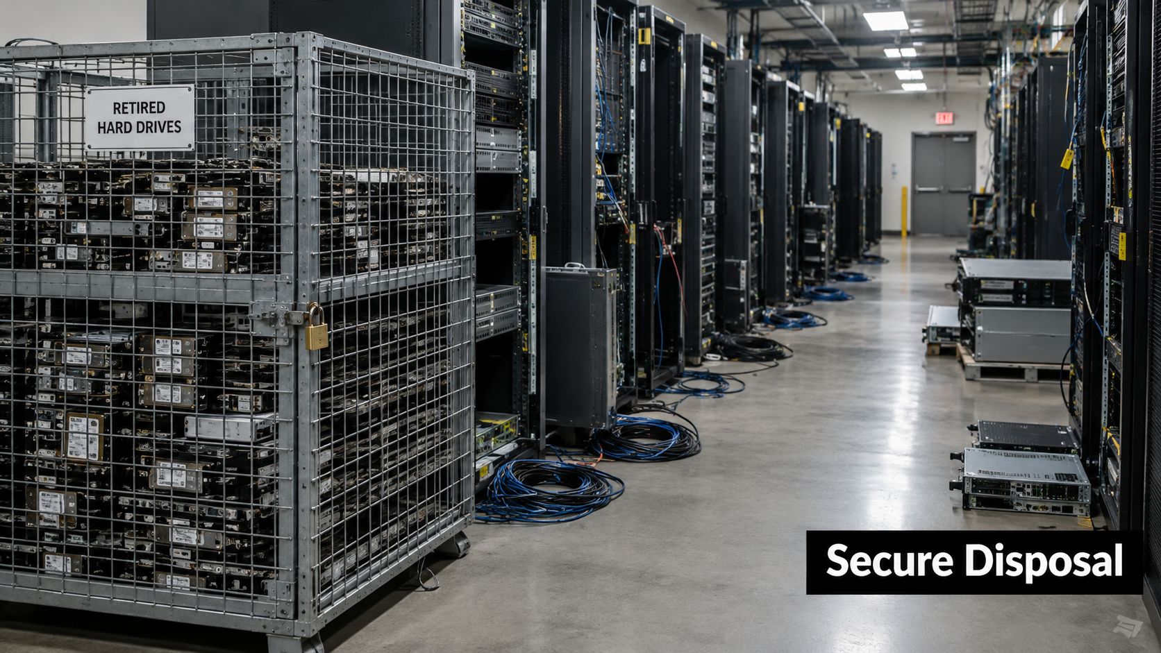 A secure data center aisle featuring a metal cage filled with retired hard drives and server racks.