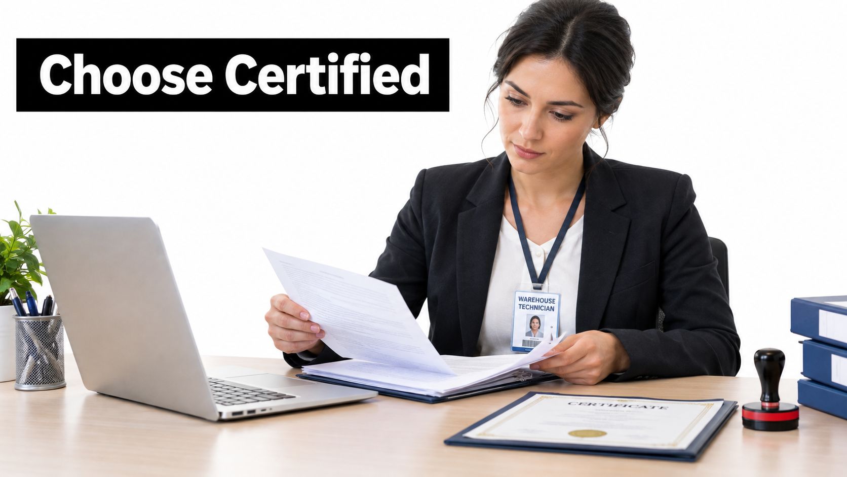 A professional warehouse technician sitting at a desk reviewing documents near a laptop and certificate.