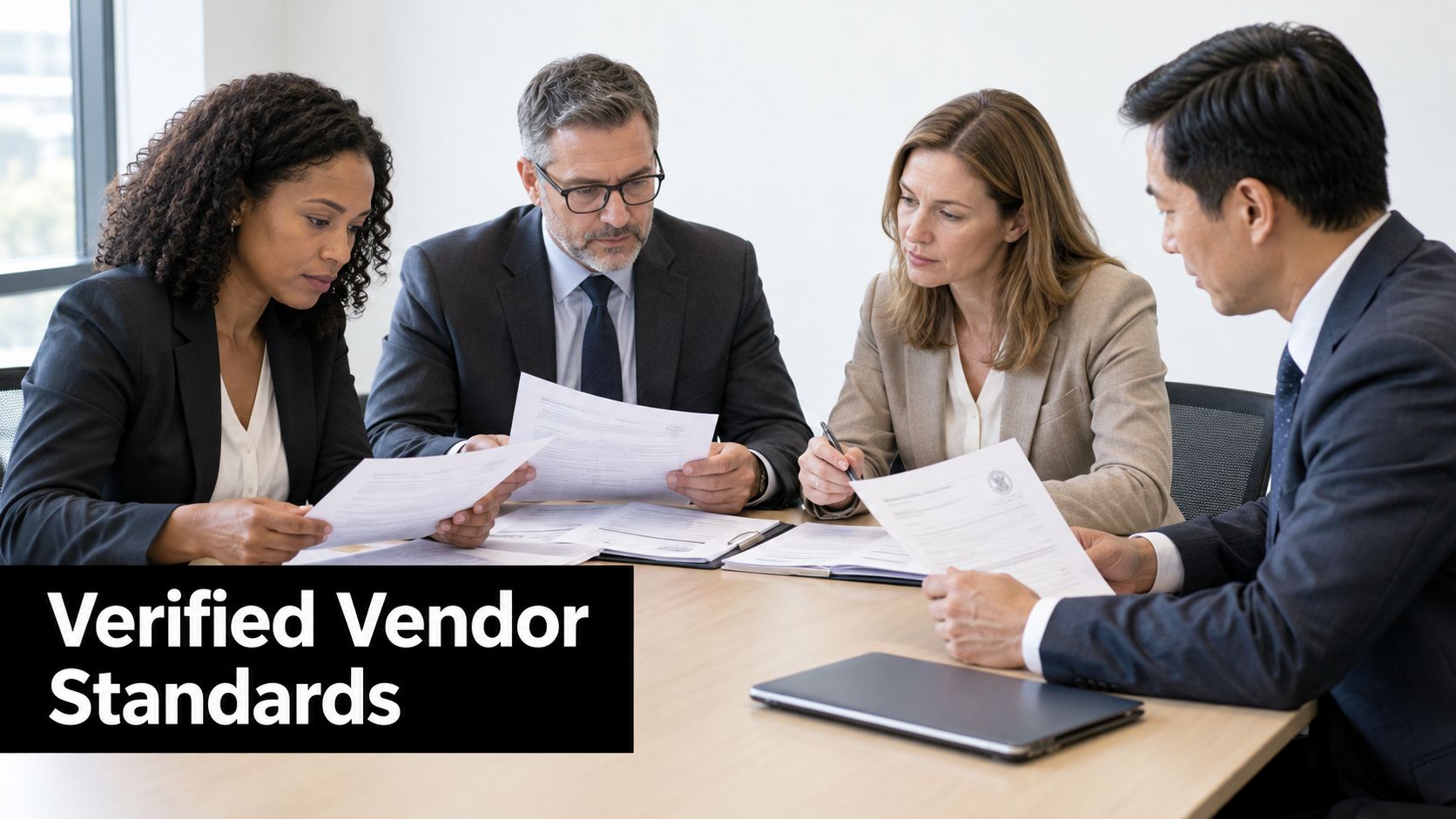 A professional team of four diverse business people reviewing formal documentation during a corporate meeting in office.