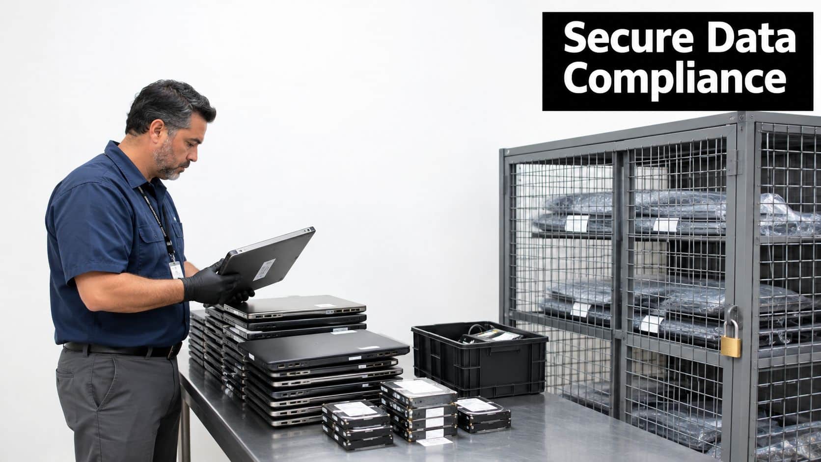 A technician wearing black gloves inspecting a stack of laptops for secure data disposal compliance.