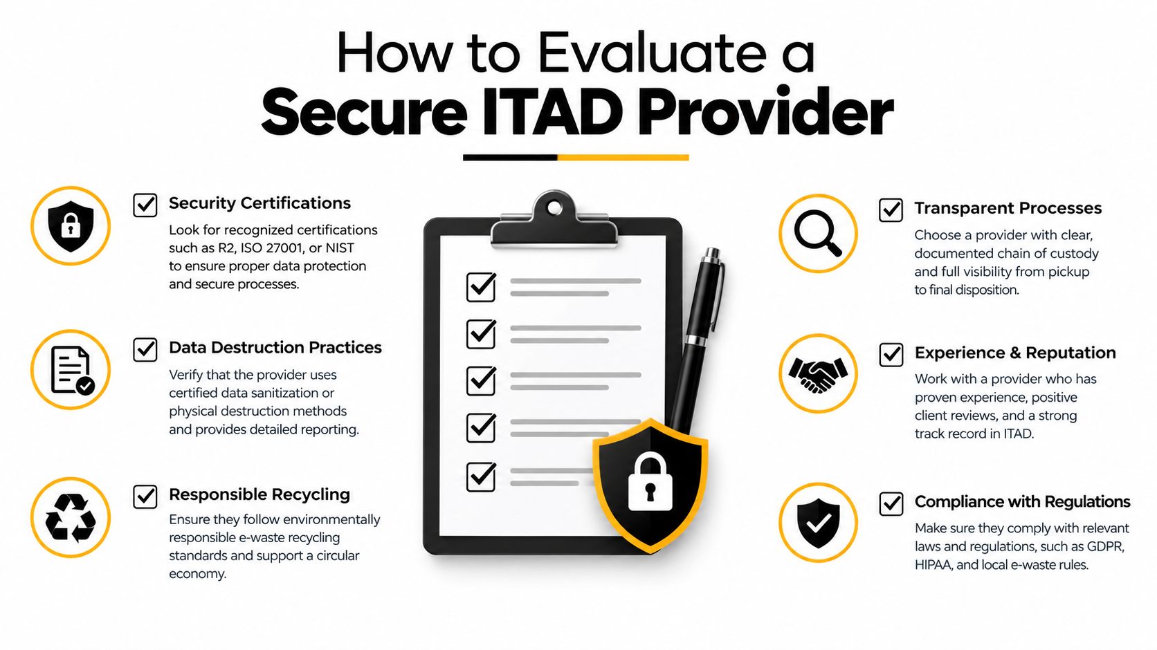A checklist infographic detailing six key steps for evaluating a secure and compliant ITAD provider for e-waste.