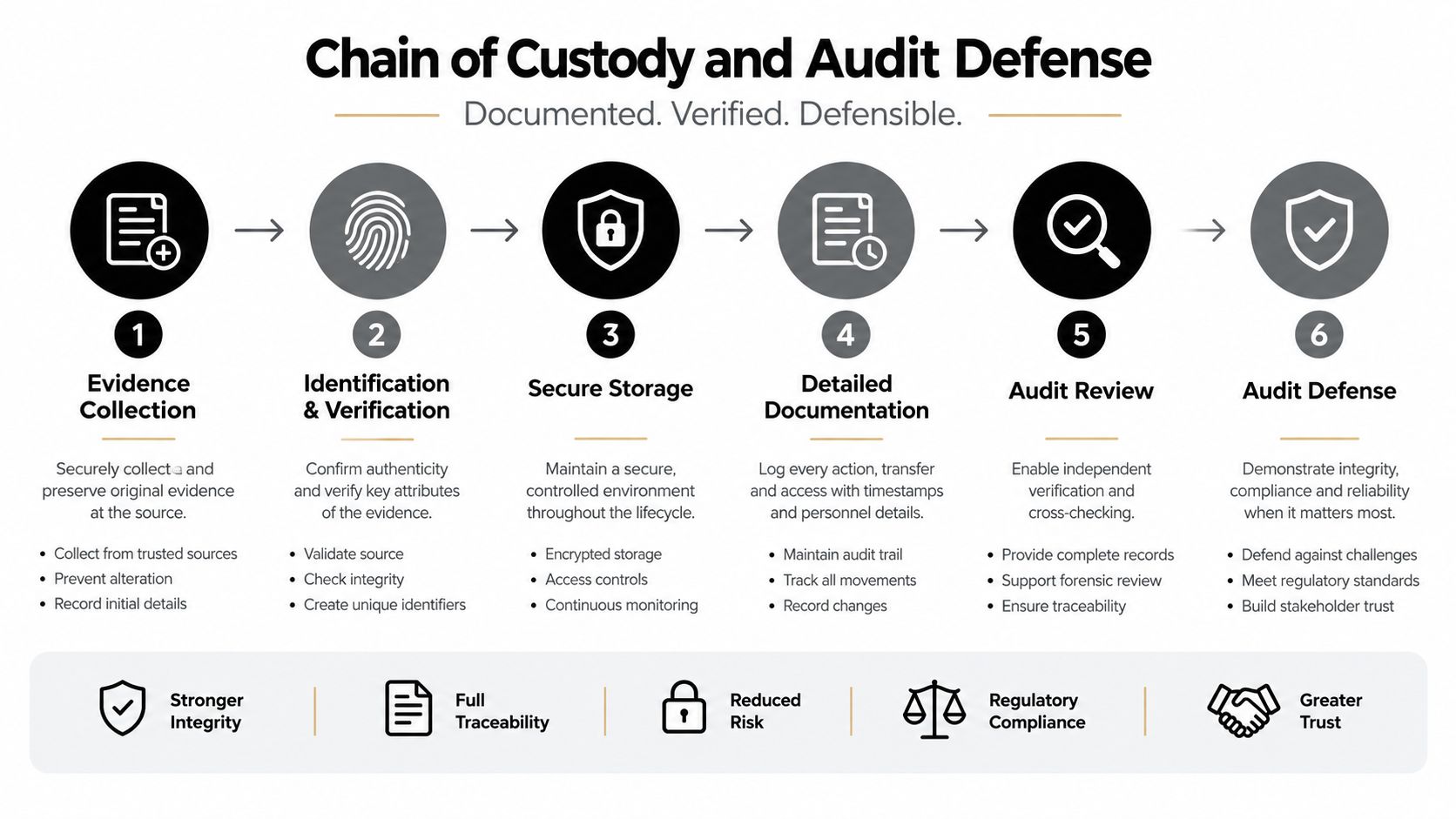 A six-step infographic detailing the chain of custody and audit defense process for secure data management.