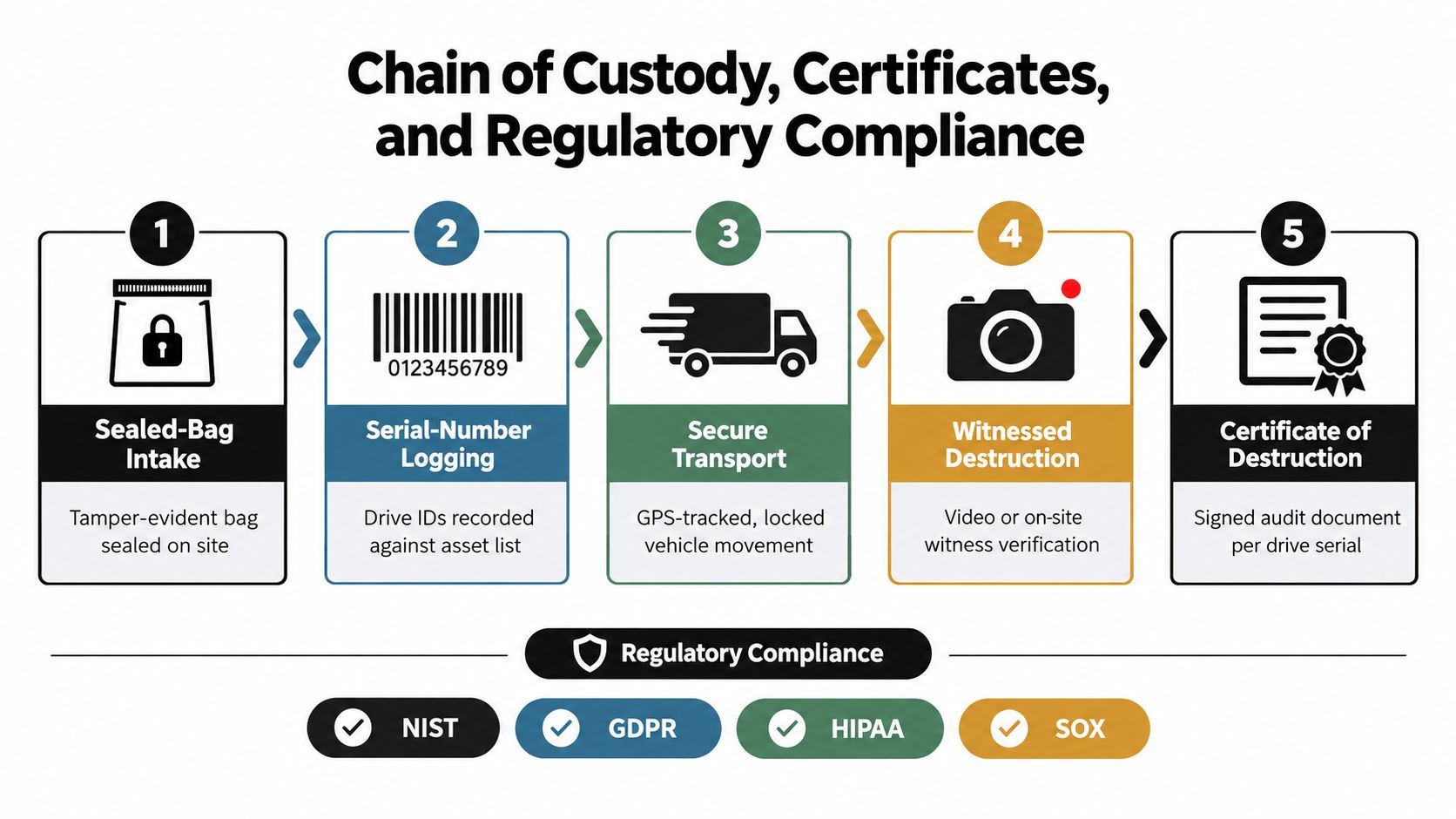 An infographic illustrating the five-step secure hard drive shredding chain of custody and regulatory compliance process.