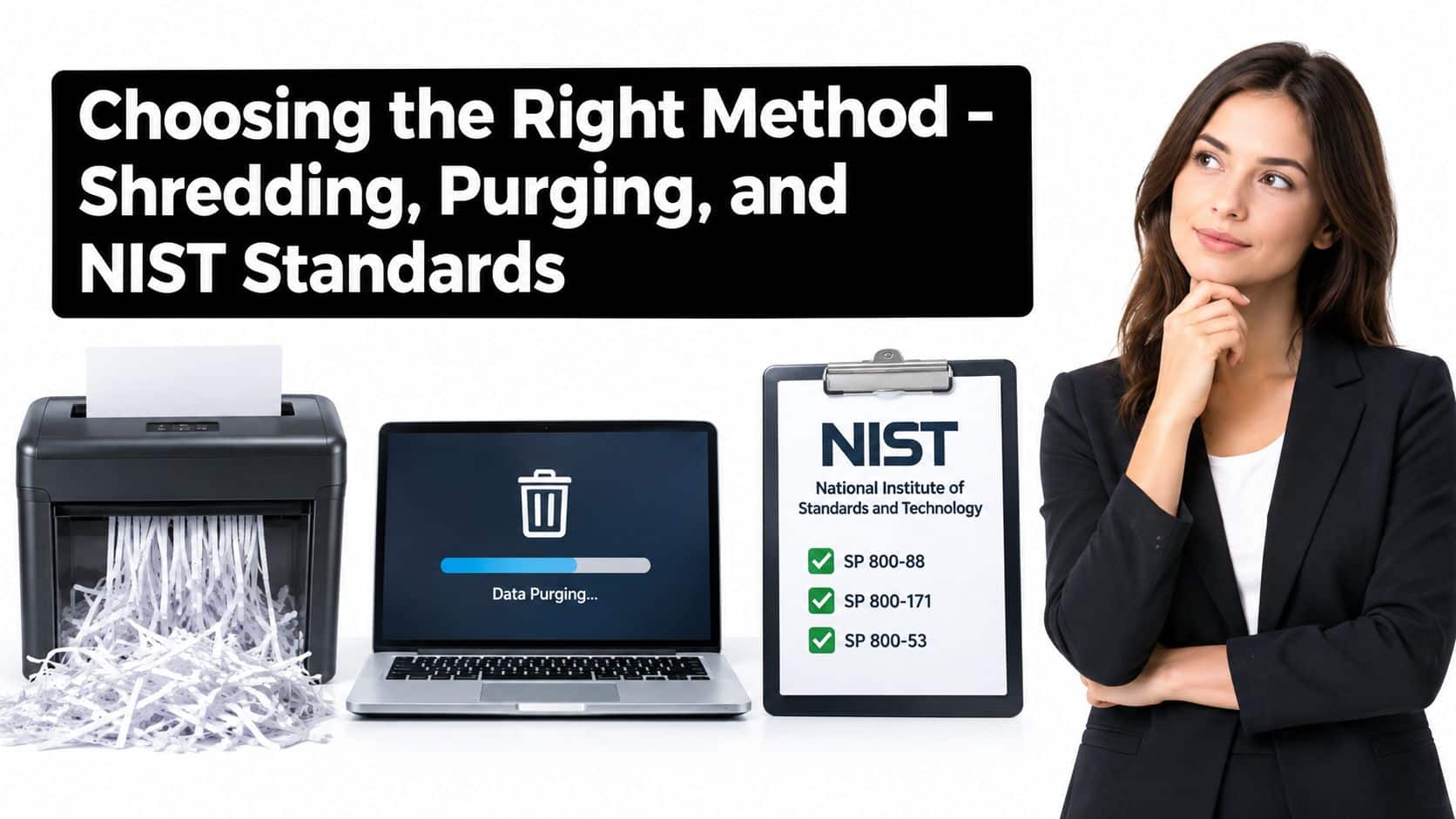 A professional woman contemplating data security methods, including paper shredding, digital data purging, and NIST compliance standards.