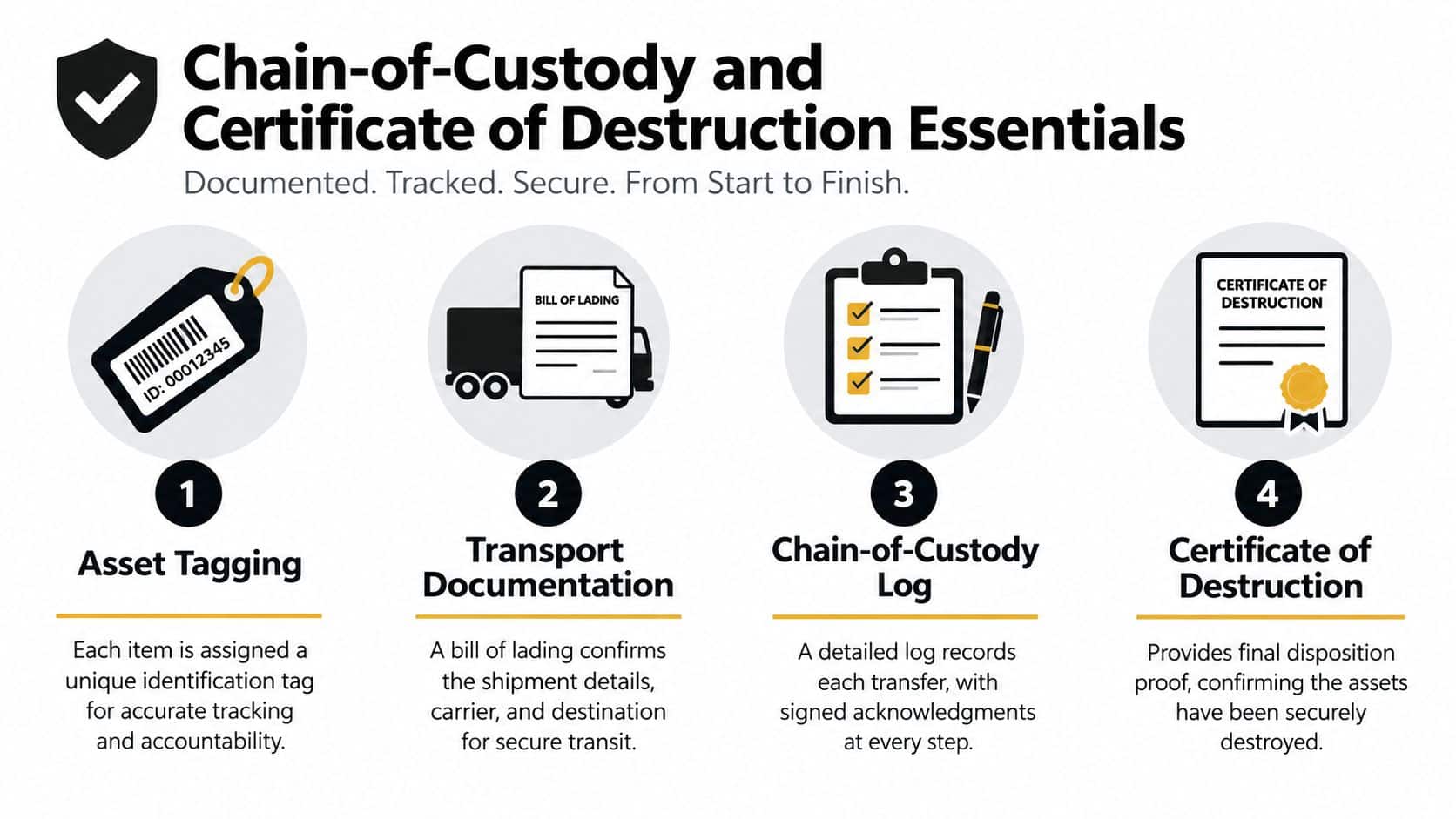A four-step infographic illustrating secure chain-of-custody and destruction certification processes for IT asset recycling and disposal.