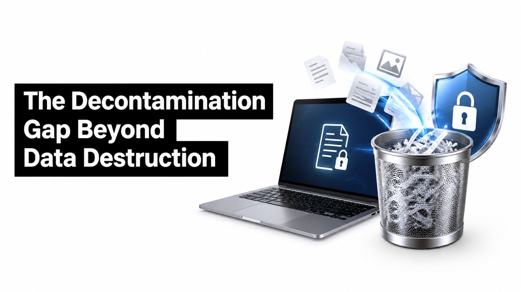 A laptop and a metal trash bin filled with shredded documents represent secure data destruction and decontamination.