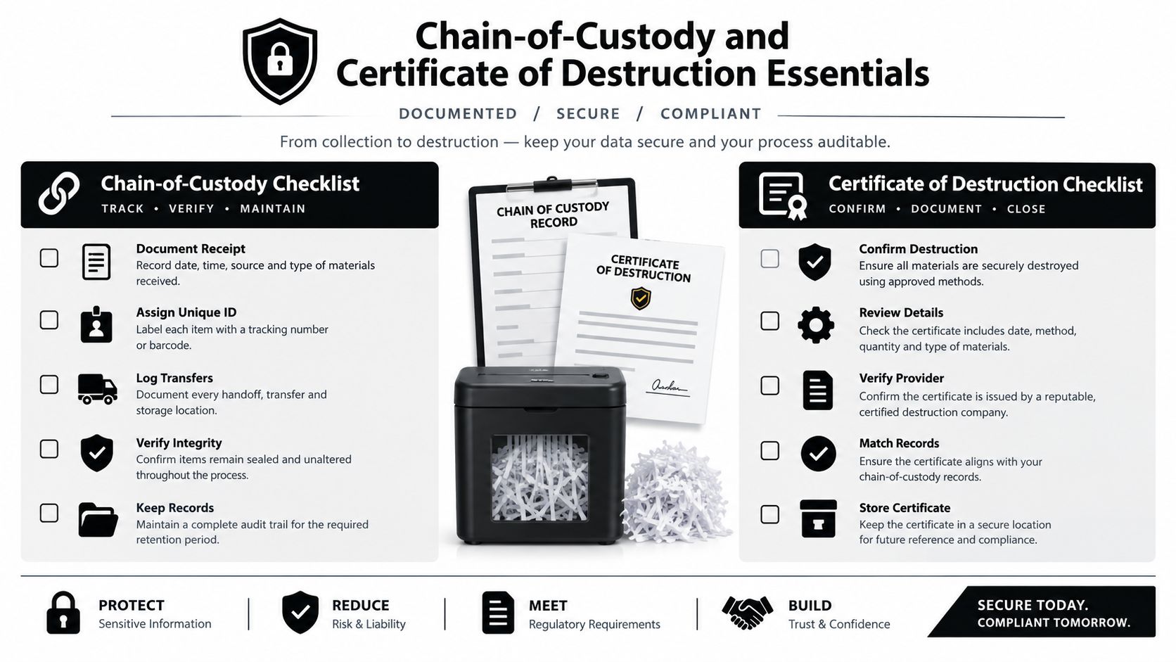 An infographic detailing the essential steps for maintaining chain-of-custody and obtaining a certificate of destruction for secure data.