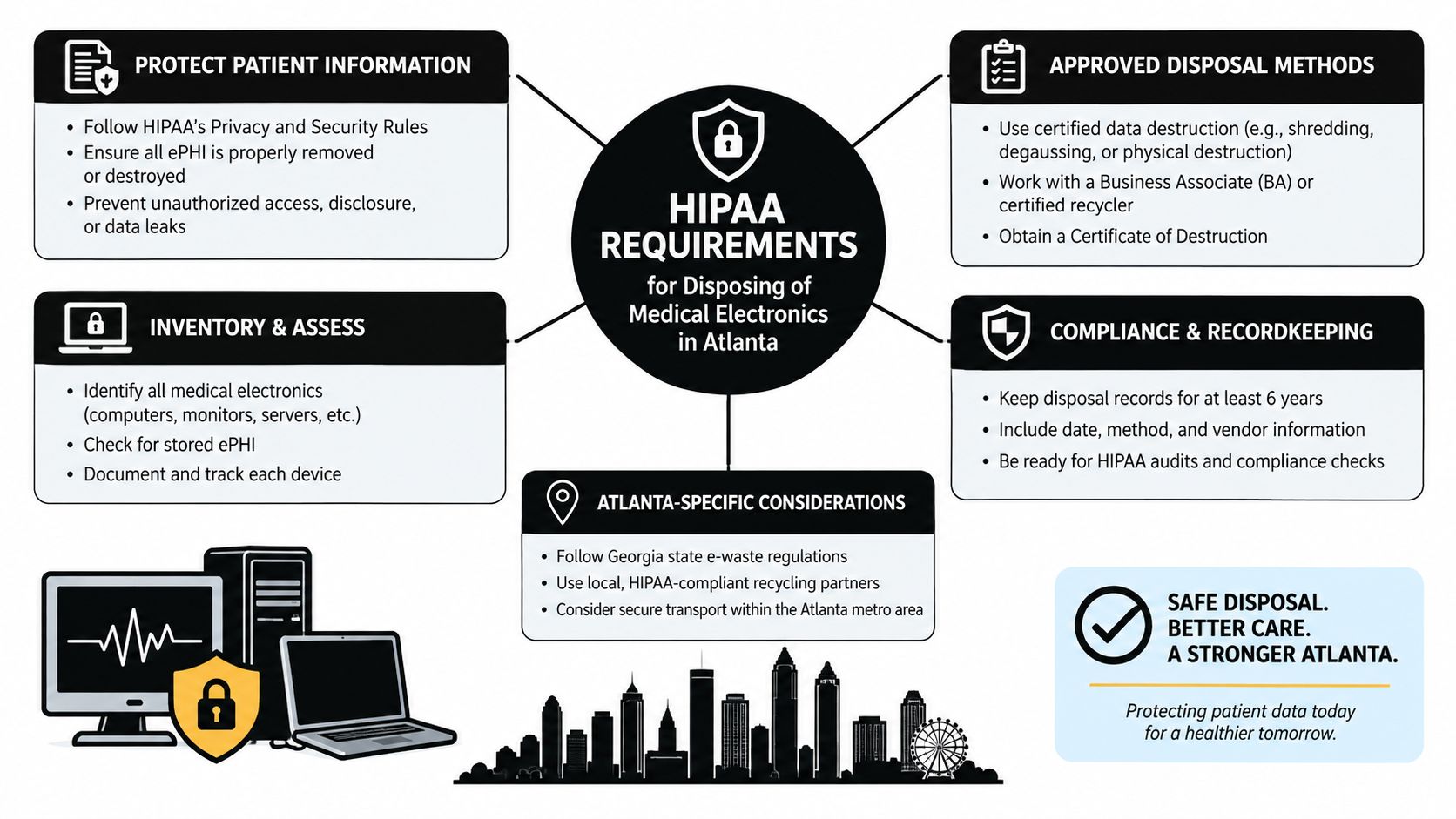 An infographic outlining HIPAA compliance steps for securely disposing of medical electronics in Atlanta, Georgia.