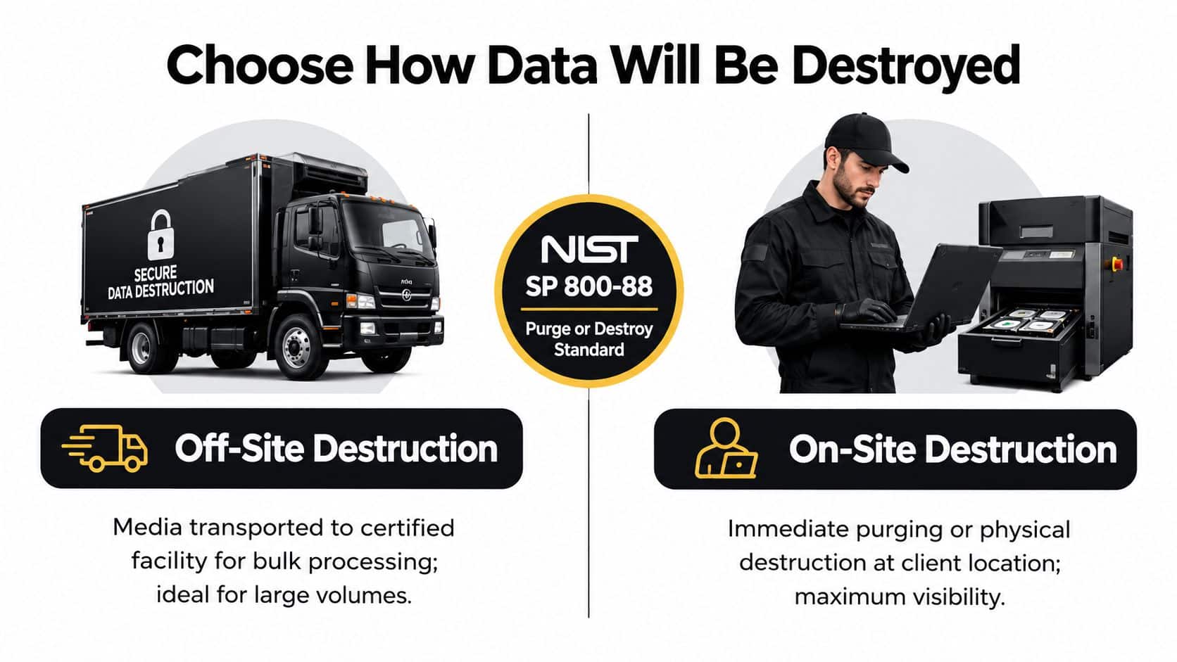 A professional comparison chart showing off-site and on-site secure data destruction options following NIST SP 800-88 standards.