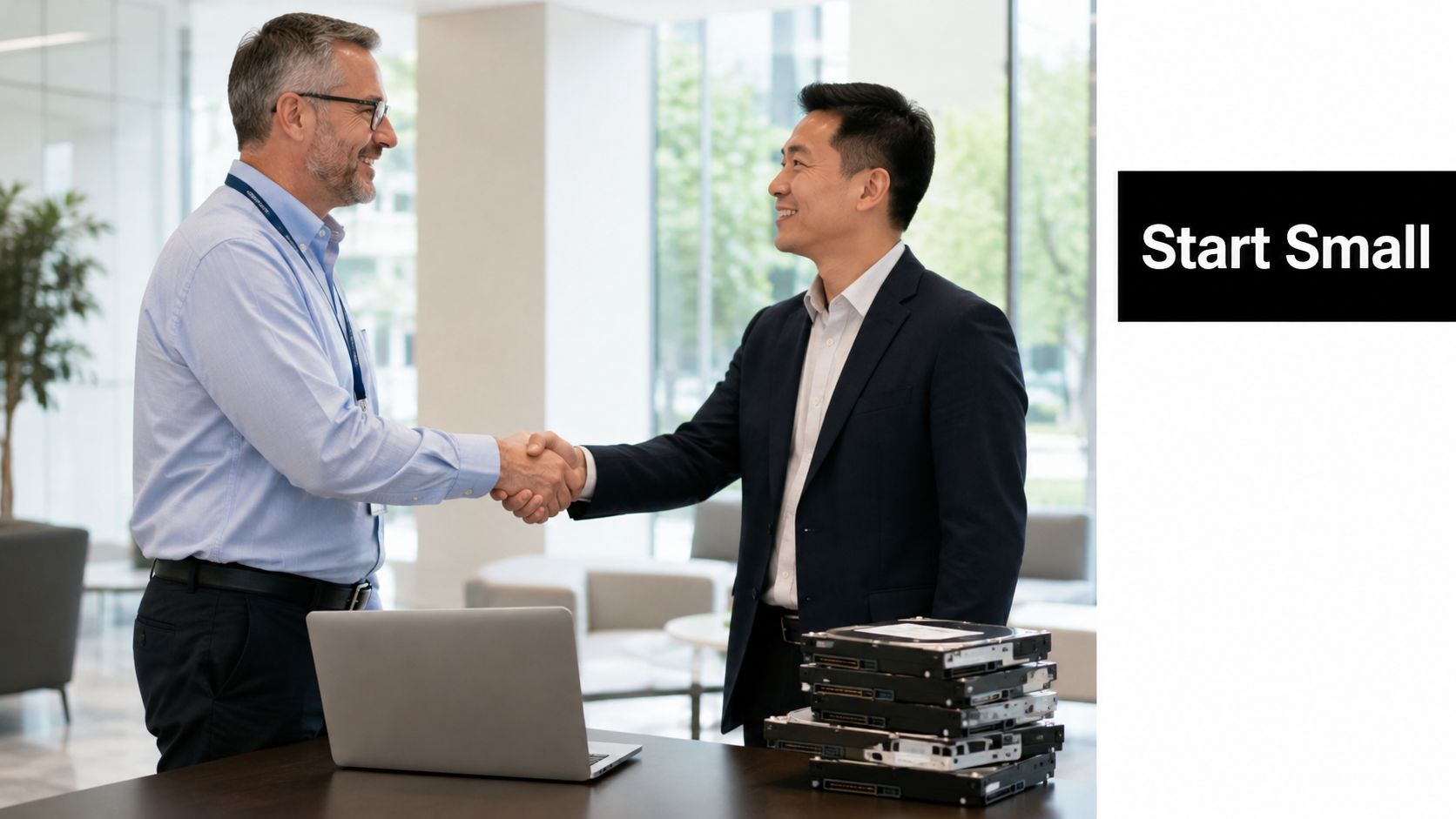 Two professionals shaking hands in an office environment with hard drives on a desk, promoting IT asset recovery.