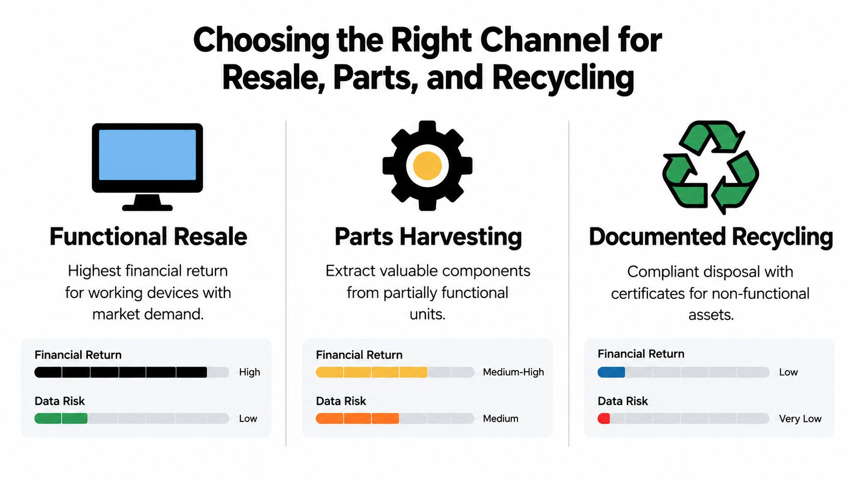 A chart illustrating the three main channels for asset management: functional resale, parts harvesting, and documented recycling.