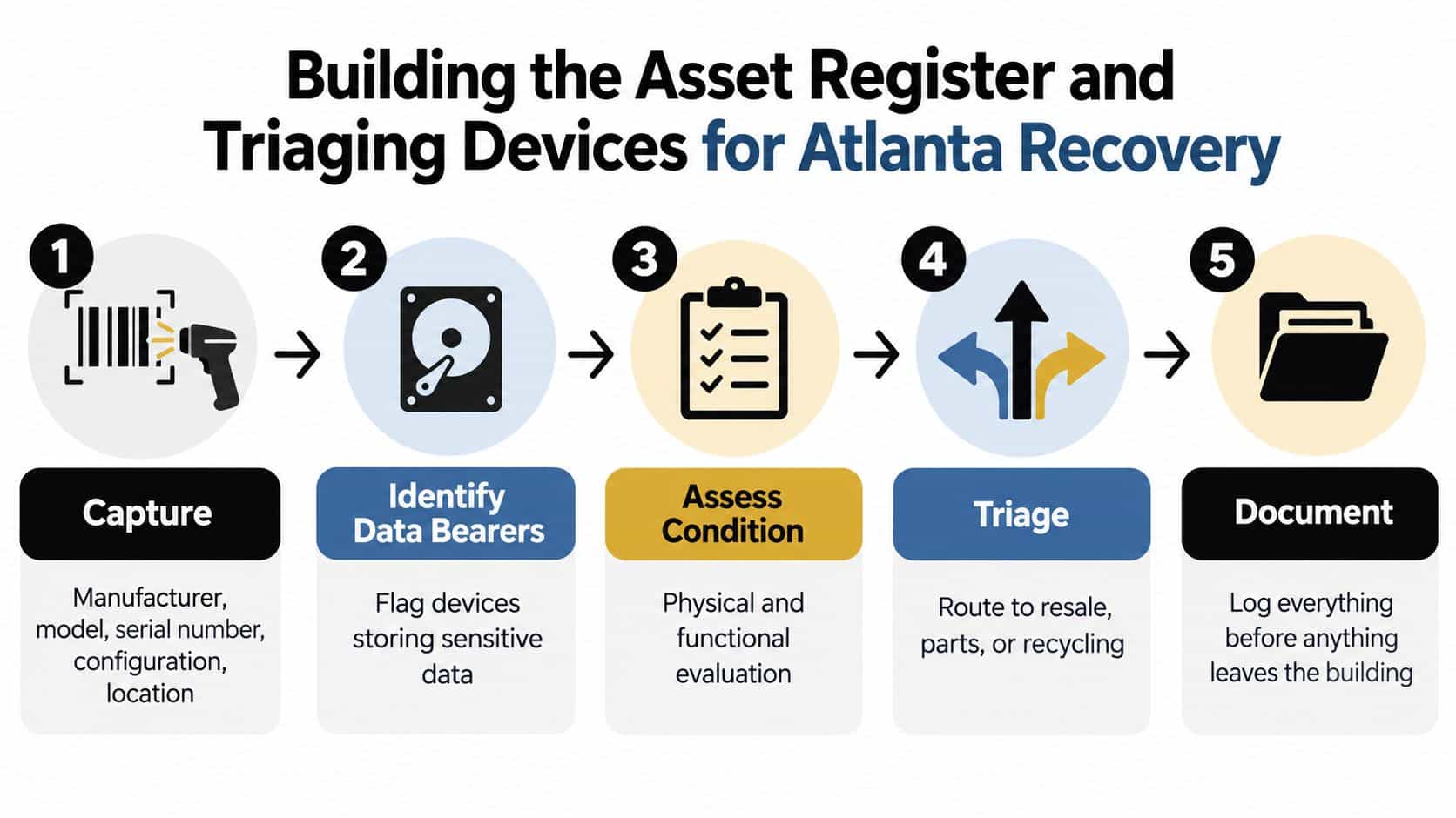 A five-step process diagram illustrating how to build an asset register and triage IT devices.