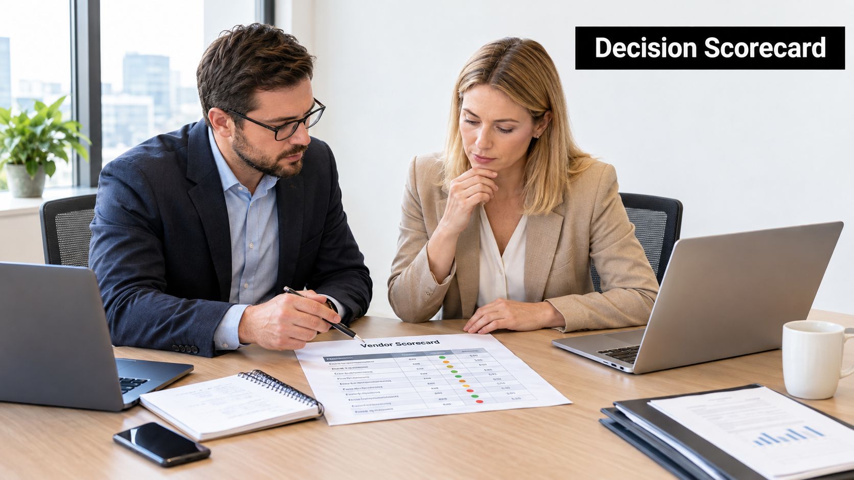 A professional man and woman in business attire review a vendor scorecard report while sitting at a desk.