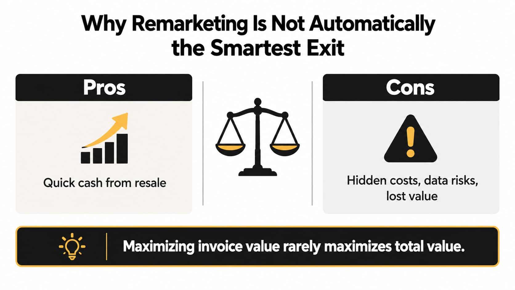 A comparison chart showing the pros and cons of IT asset remarketing as an exit strategy.