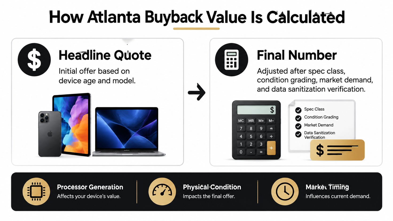 An infographic explaining the step-by-step process used to calculate the buyback value for Atlanta business devices.