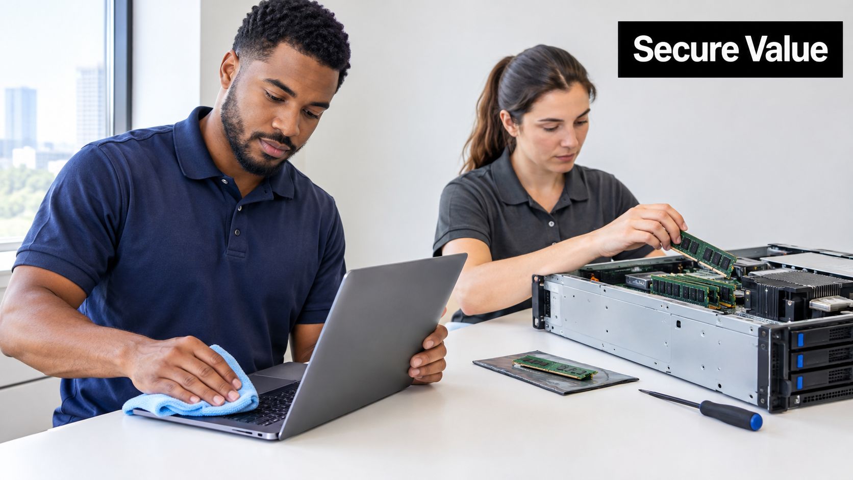 A man cleaning a laptop and a woman installing RAM in a server in a modern office.