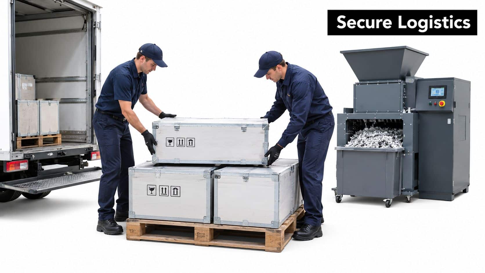 Two professional workers in uniforms loading secure shipping crates near an industrial paper shredding machine.
