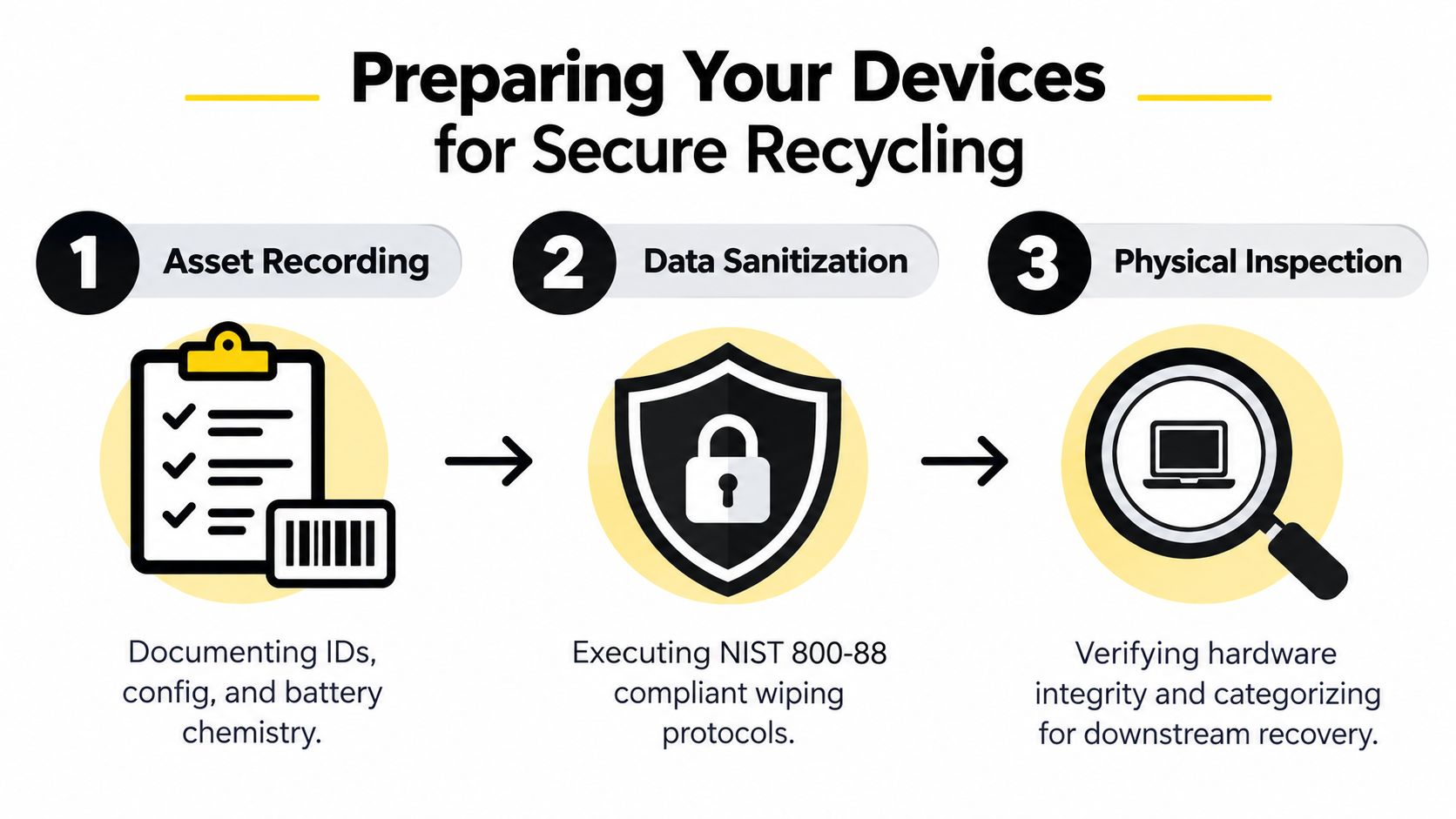 A three-step infographic titled Preparing Your Devices for Secure Recycling showing asset recording, data sanitization, and inspection.