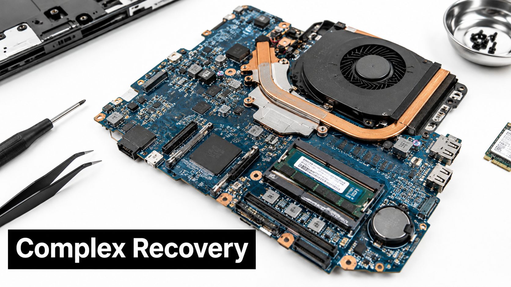 A disassembled laptop motherboard with cooling fan, RAM modules, and repair tools on a white background.