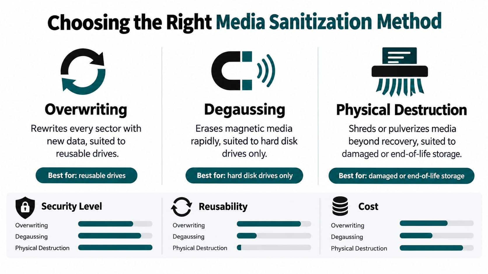 A comparison chart outlining different media sanitization methods including overwriting, degaussing, and physical destruction for data security.
