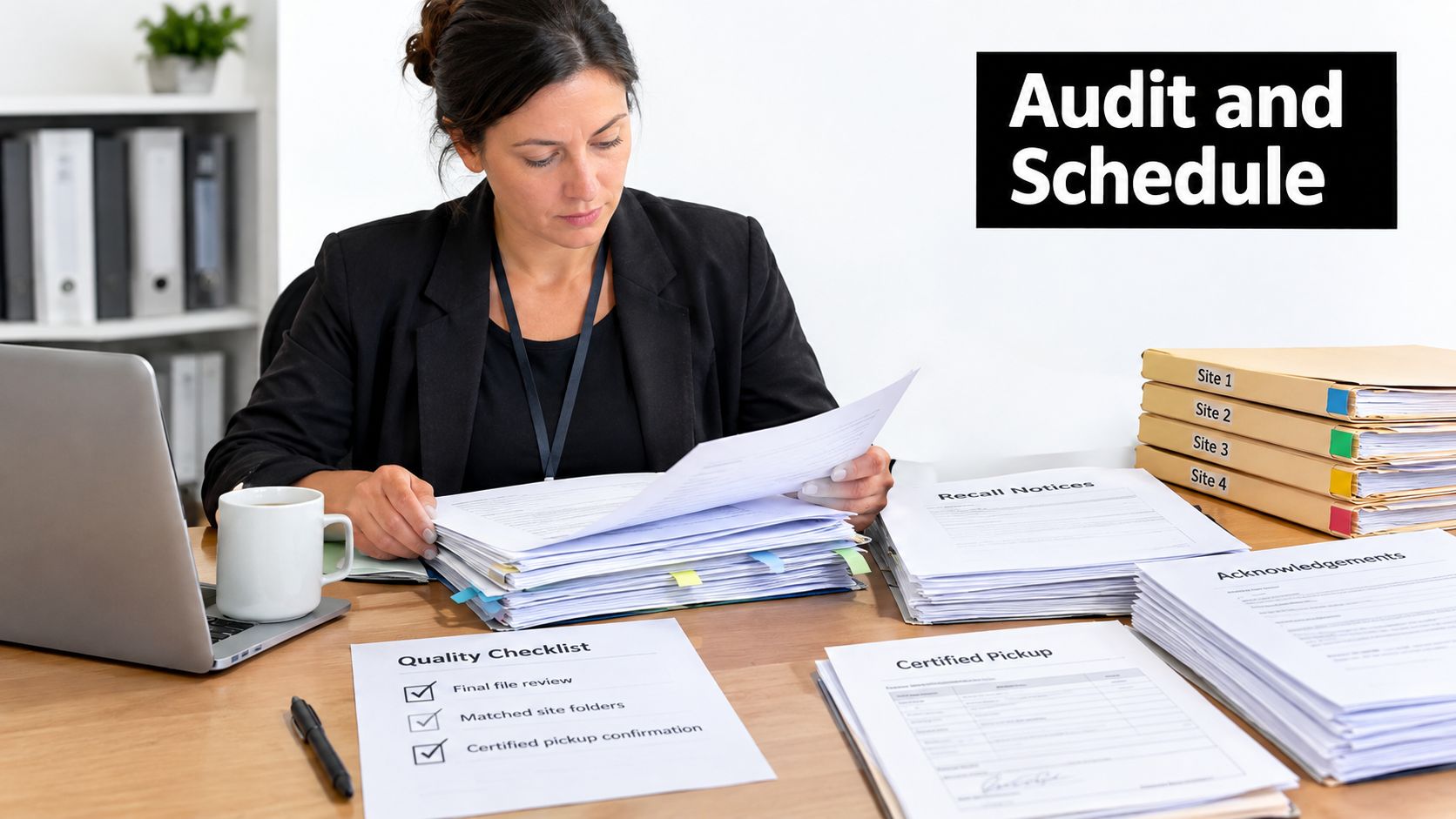 A professional woman auditing files and folders for multi-location recall collection services at her desk.