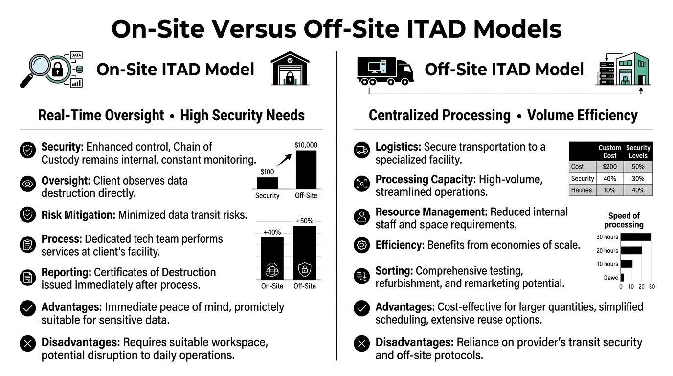 A comparative infographic detailing the benefits and considerations of on-site versus off-site IT asset disposition models.