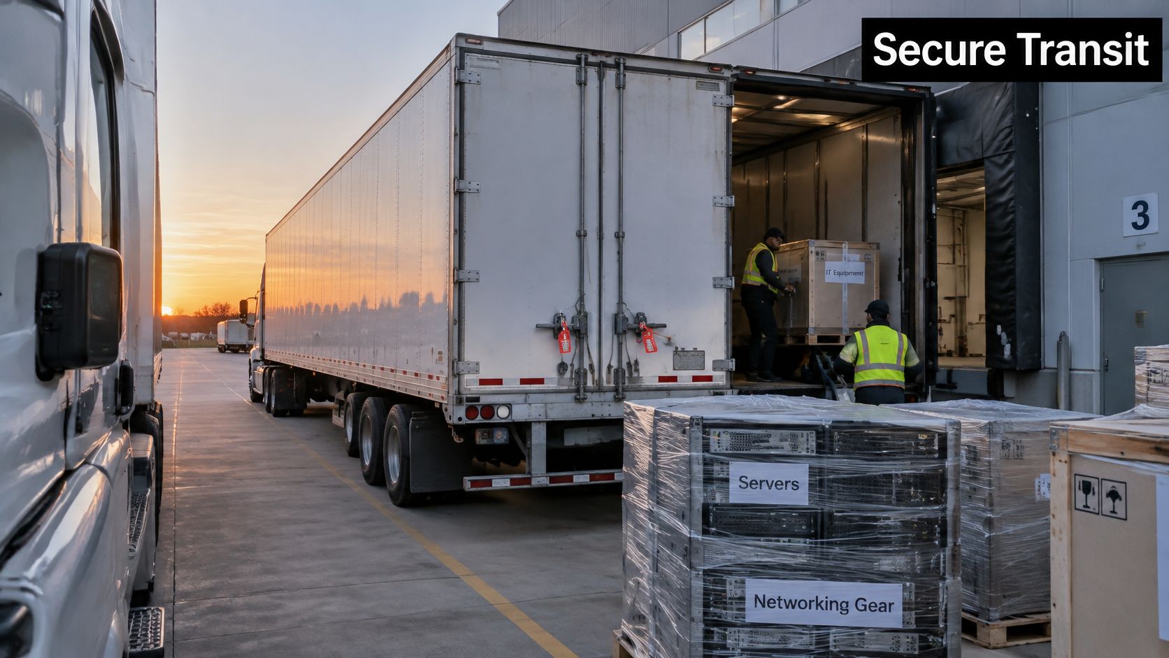 Two workers in high-visibility vests loading IT equipment and servers into a semi-truck at sunset.