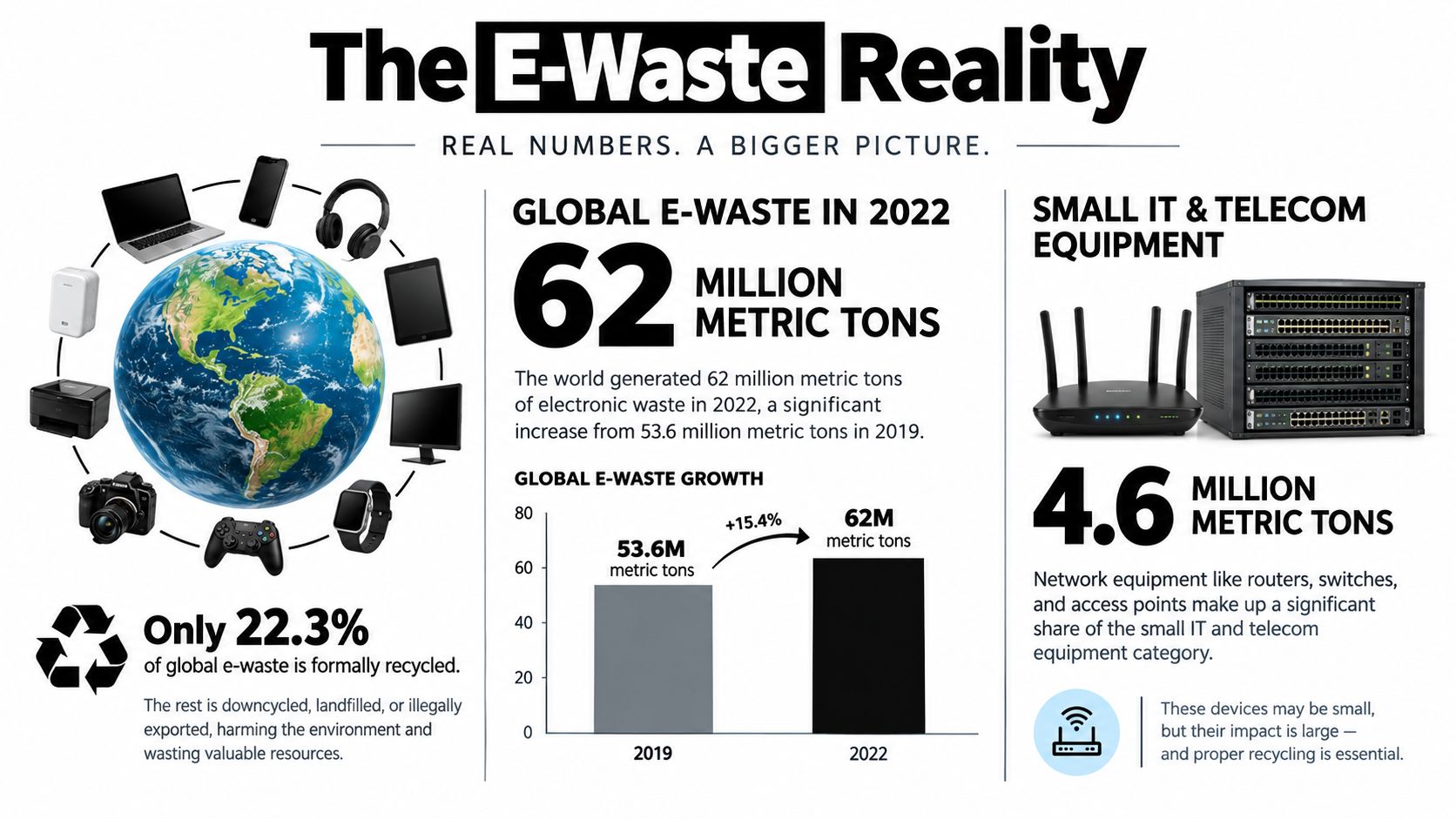 An infographic showing that global e-waste reached 62 million metric tons in 2022 with limited recycling rates.