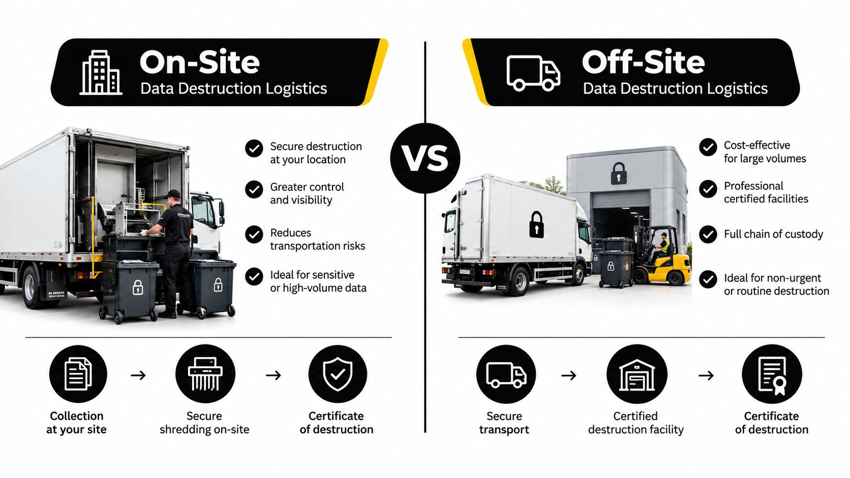 An infographic comparing on-site and off-site data destruction logistics for secure document and electronic data disposal services.