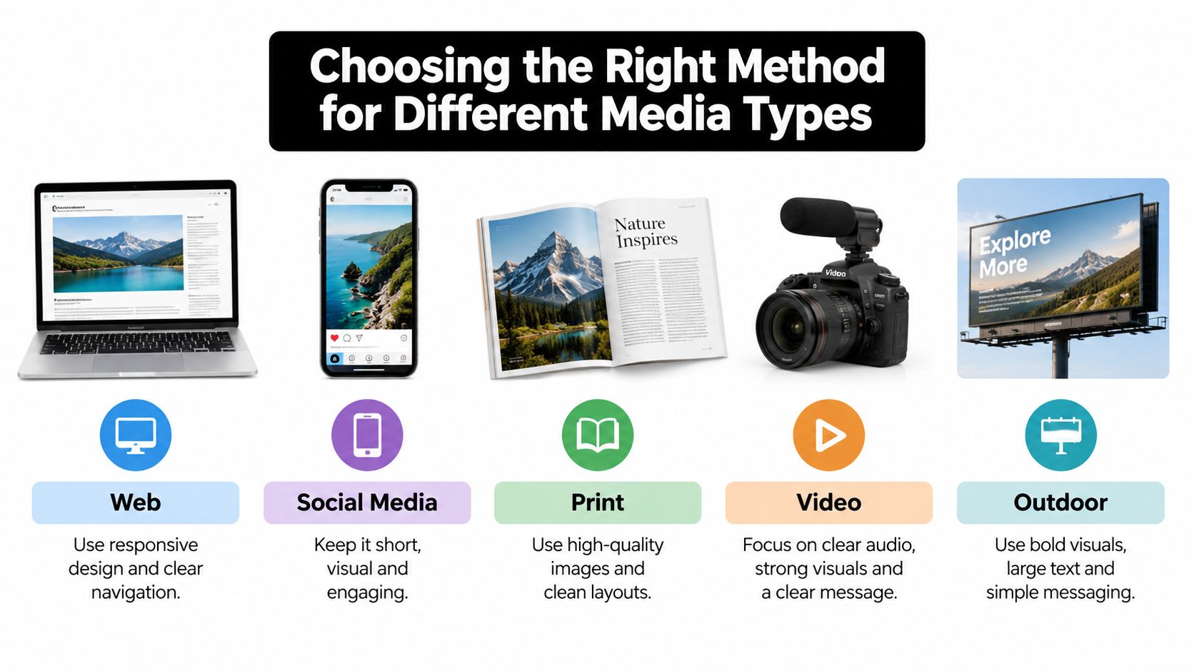 An infographic showing different media types including web, social media, print, video, and outdoor advertising methods.