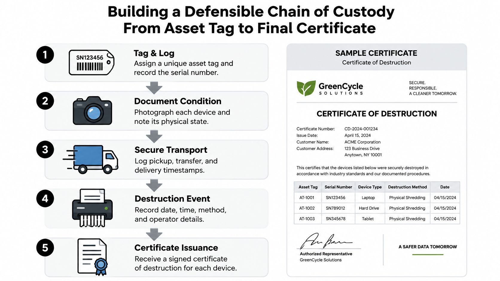 A flowchart showing the five-step process of secure IT asset disposition and a sample certificate of destruction.