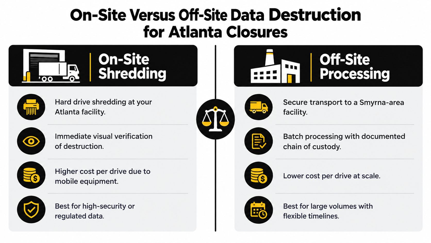 A comparison infographic showing the pros and cons of on-site versus off-site data destruction services for Atlanta closures.