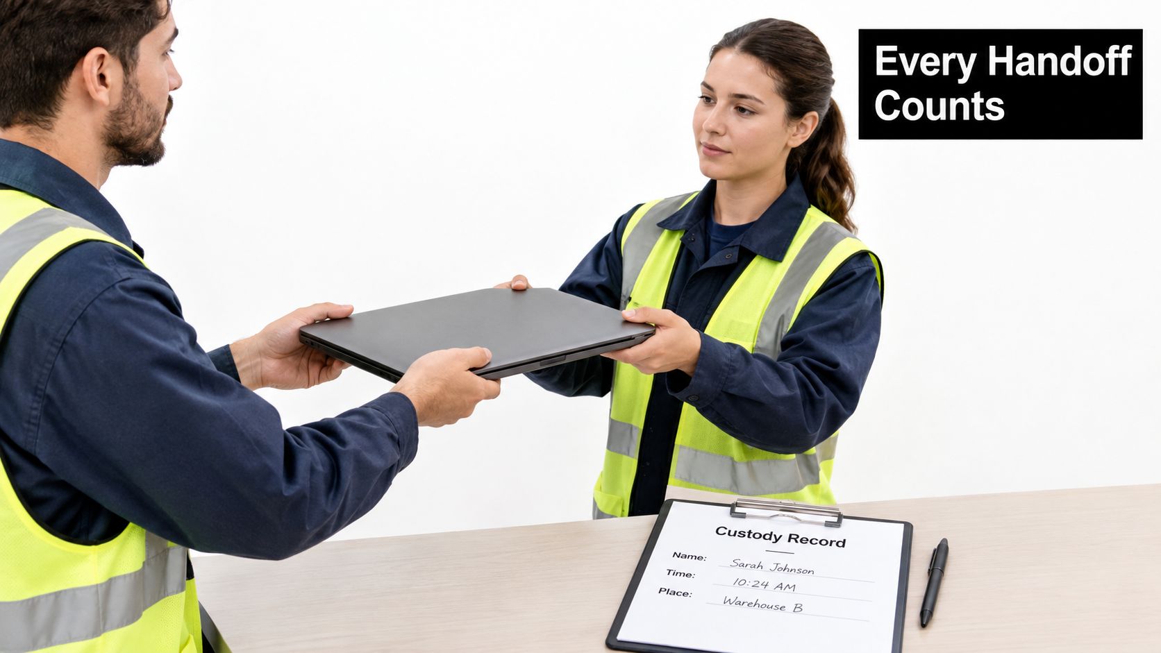 Two warehouse workers in reflective safety vests exchanging a laptop while processing a custody record document.