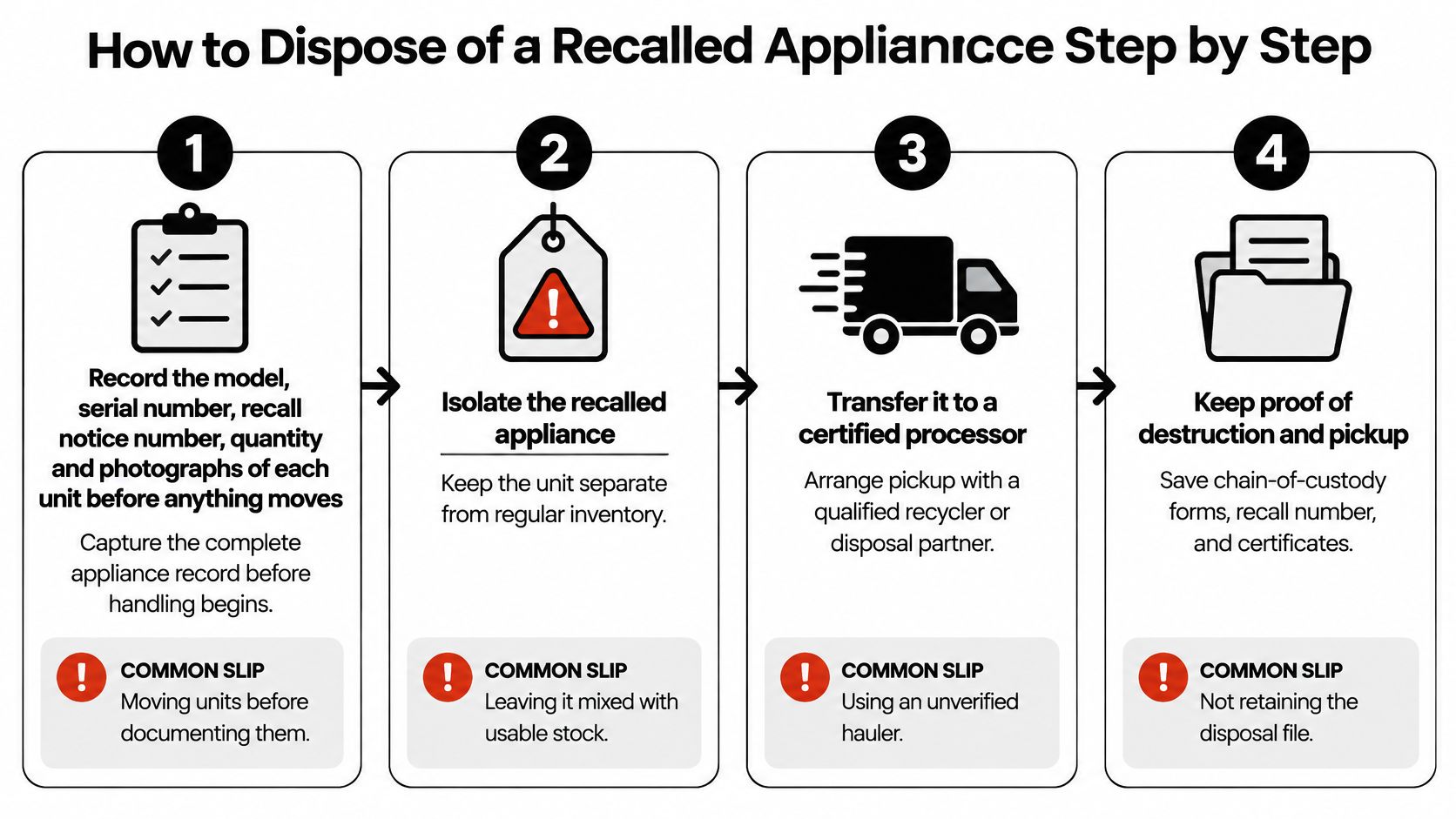 A four-step infographic showing the proper procedure to document, isolate, transfer, and dispose of recalled appliances.