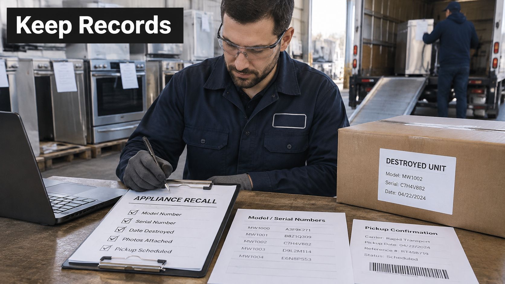 A technician filling out appliance recall forms at a desk with boxes of recalled units.
