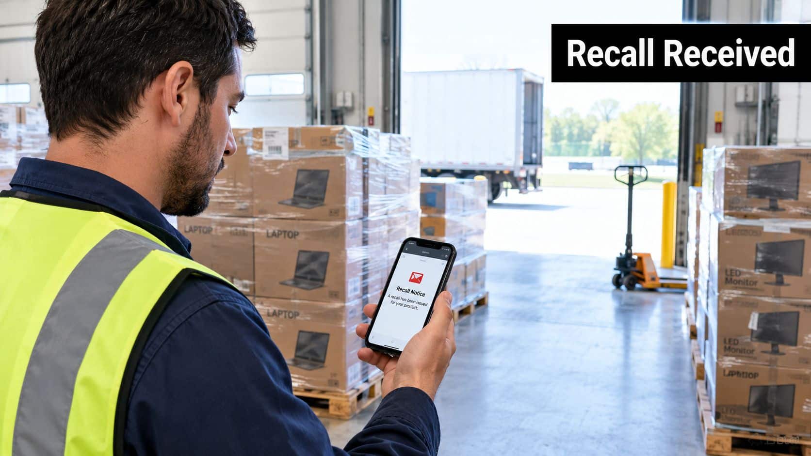 Warehouse worker wearing a high-visibility vest checking a product recall notice on their smartphone in a facility.
