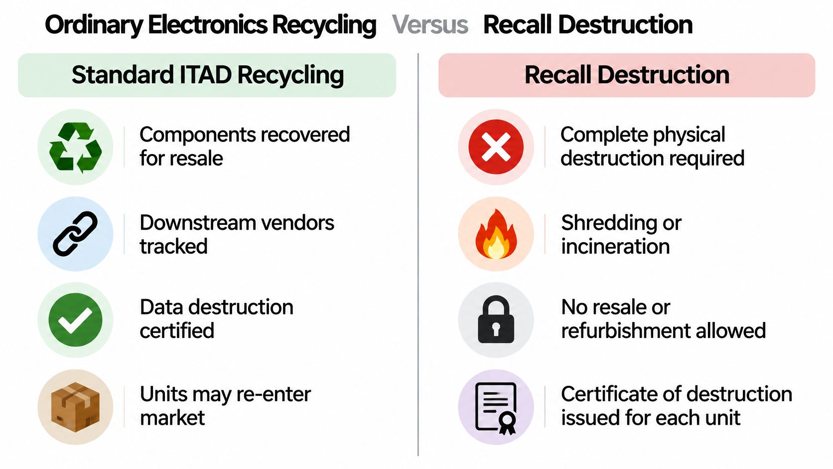 A comparison chart outlining differences between standard ITAD electronics recycling processes and secure product recall destruction methods.
