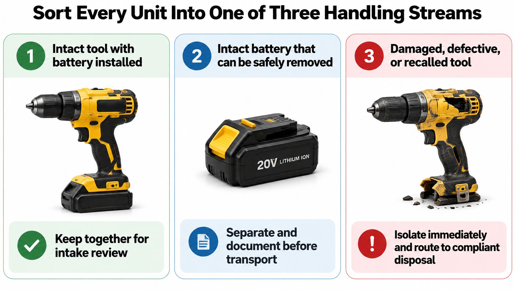An instructional chart showing three handling streams for cordless tools based on their condition and battery status.