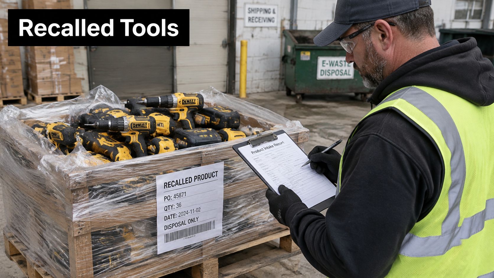 A warehouse worker in a high-visibility vest inspects a pallet of recalled DeWalt cordless power tools.