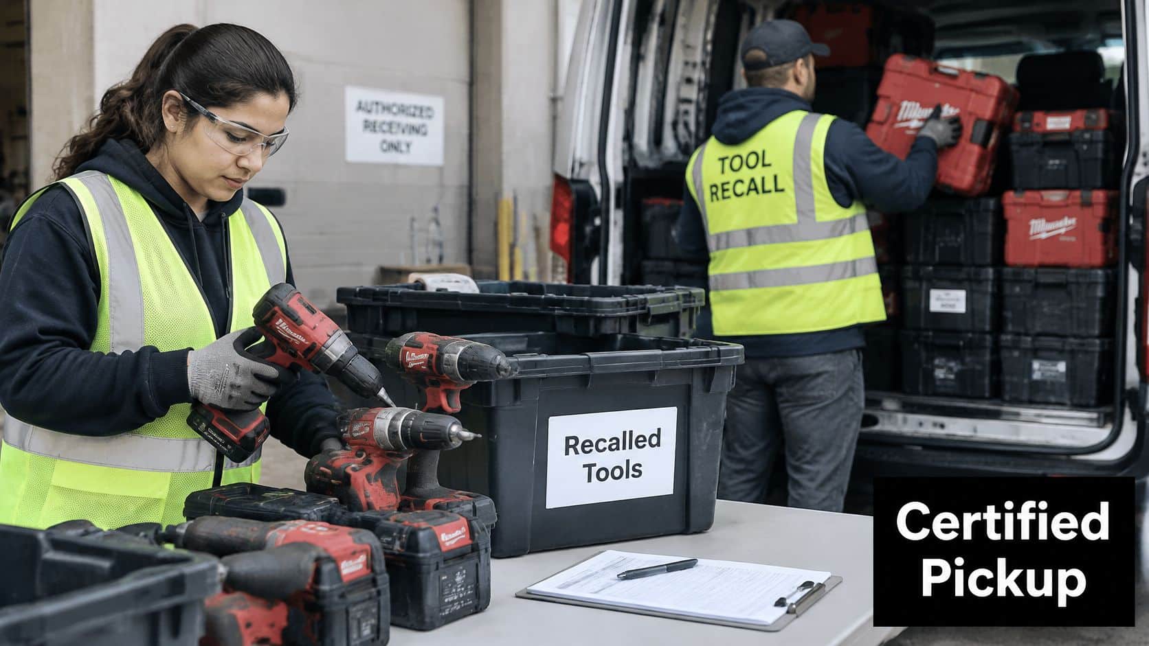 Two workers in safety vests organizing and collecting recalled power tools into storage bins for disposal.