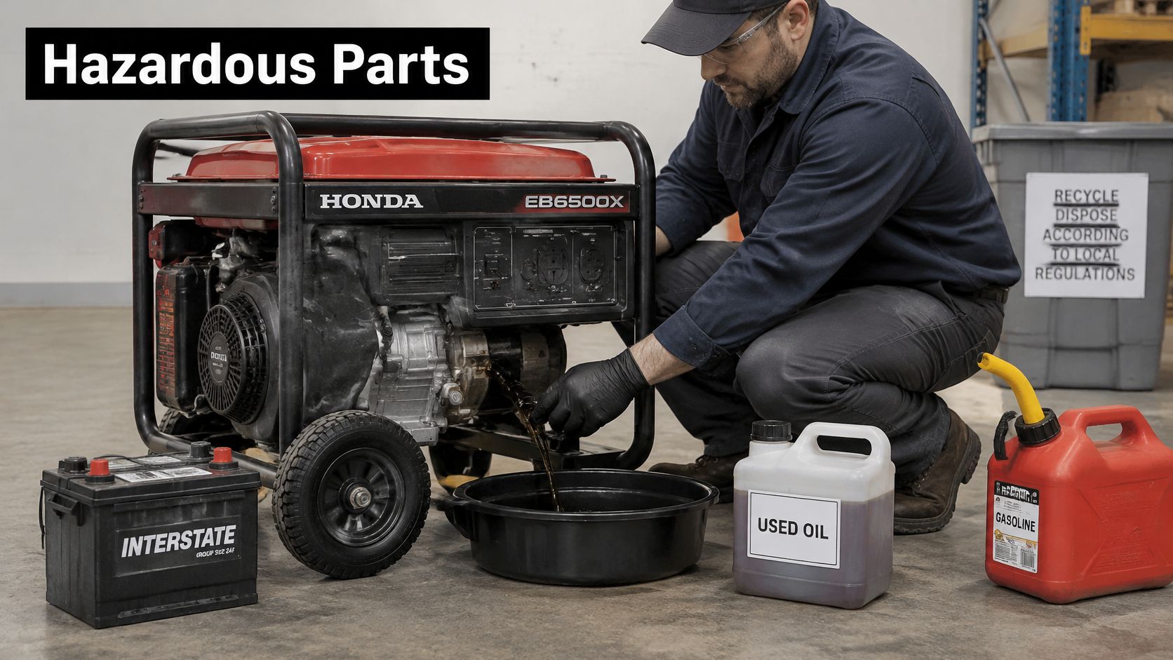 A technician wearing gloves performs maintenance on a Honda generator while disposing of hazardous waste materials.