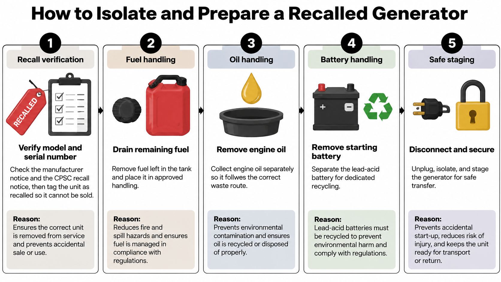 A five-step guide on how to safely isolate and prepare a recalled generator for removal or return.