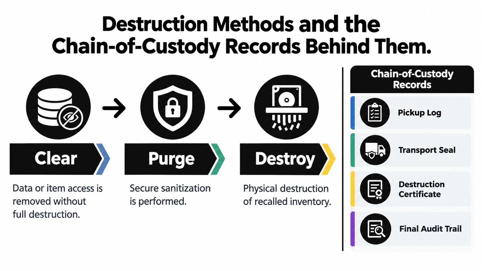 A diagram illustrating data and inventory destruction methods including clear, purge, and destroy steps with chain-of-custody records.