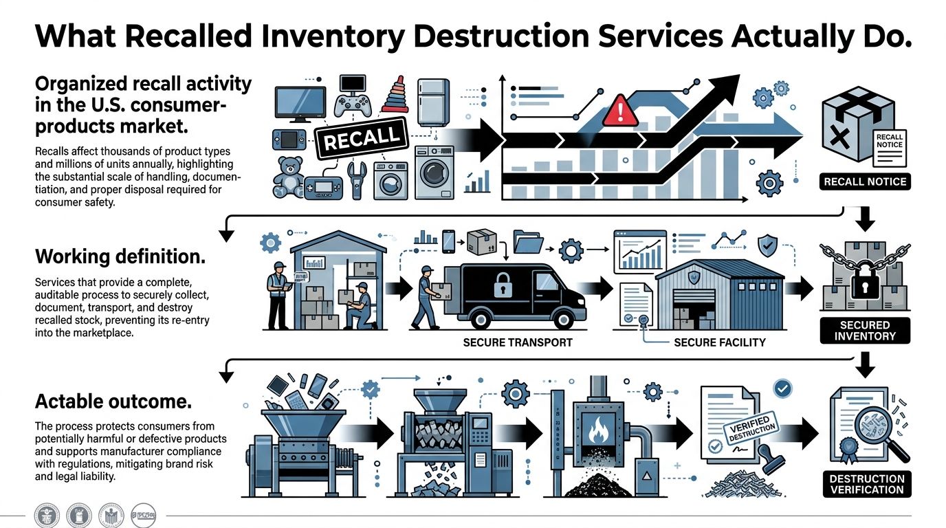 A professional infographic illustrating the step-by-step process of secure recalled inventory destruction and compliance management.
