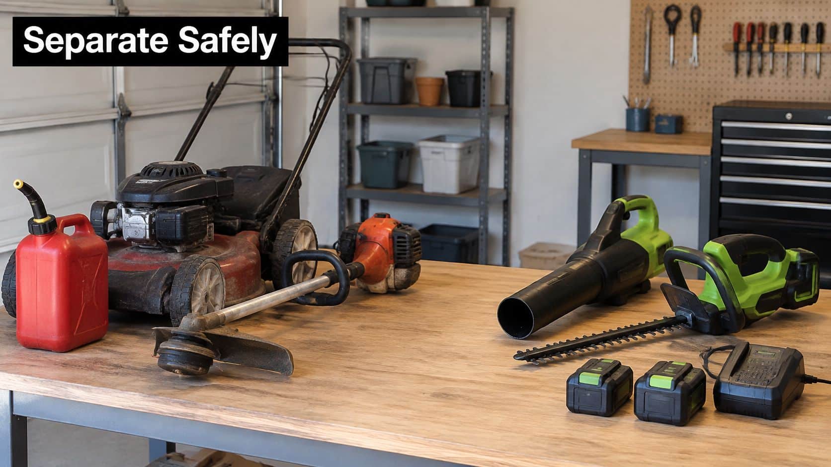 A workshop table with gas-powered tools on the left and battery-powered garden tools on the right.